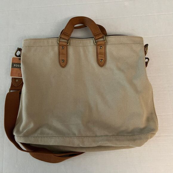 Fossil Workman CVS Canvas Utility Tote/Bag Large New Beige Brown Leather - Picture 4 of 16